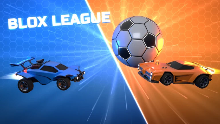 Official Blox League artwork showing blue and orange cars challenging for a ball
